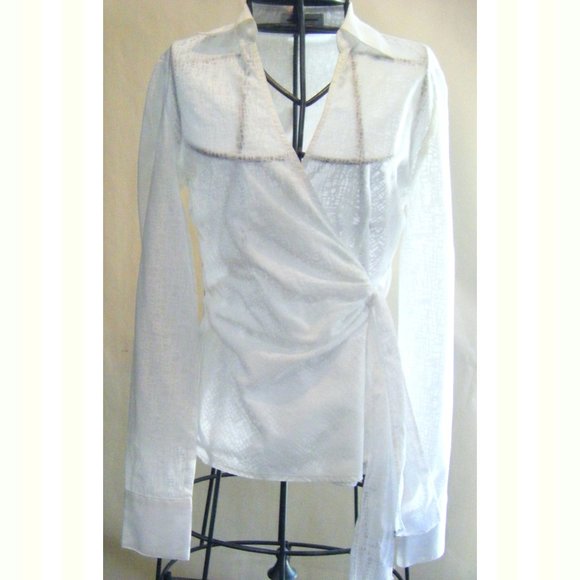 White Wrap Side Tie Sheer Patterned Blouse Size XS - Picture 1 of 8